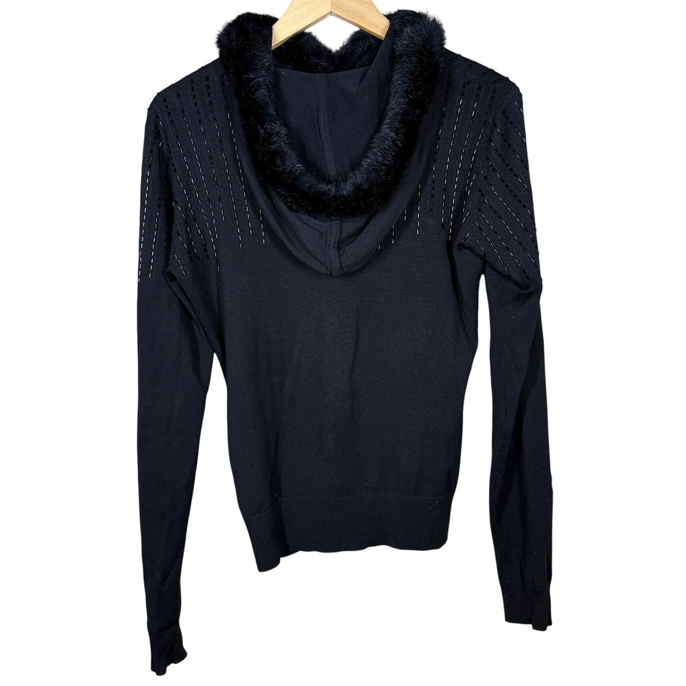 Cache Y2K Cardigan Sweater Zip Up Beaded Fur Trim Hooded Silk Blend Black ‎ M - Picture 3 of 13